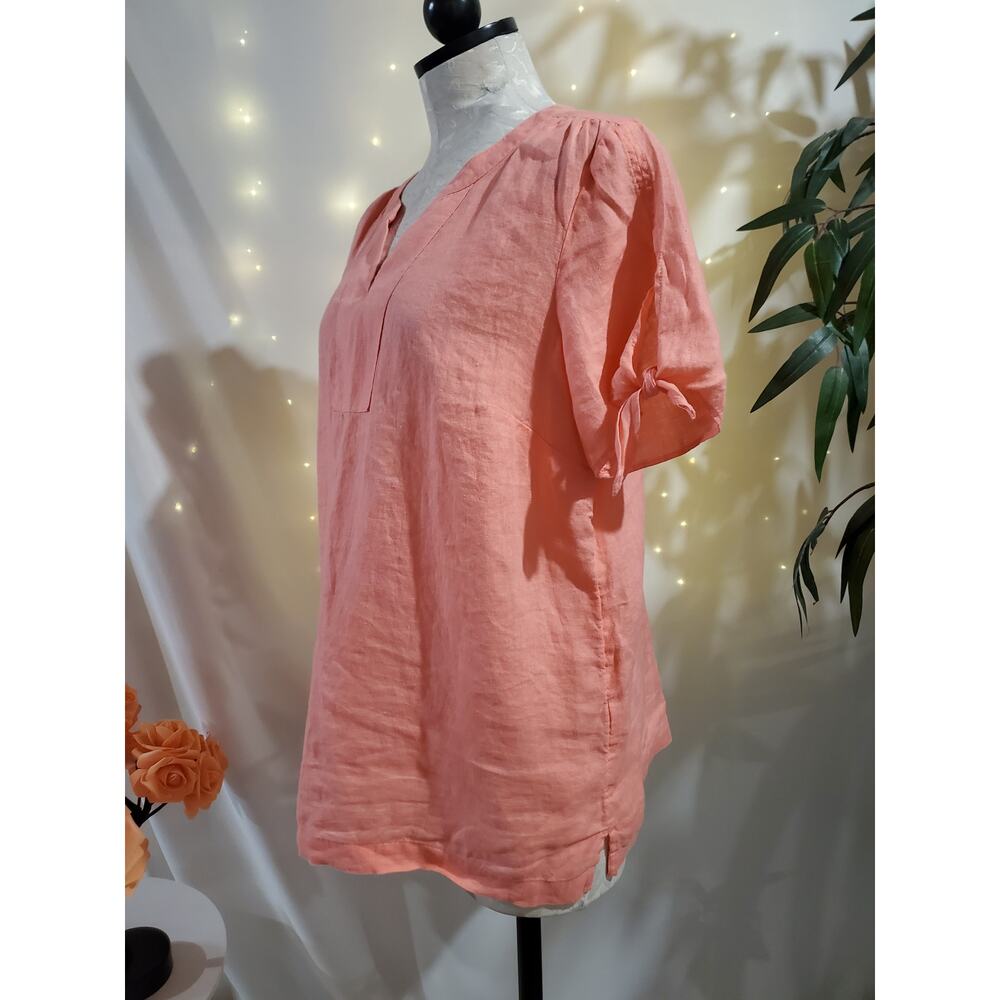 Talbots Linen Slit Tie Short Sleeve Notch Neck Blouse Top Size LP Coral Pink - Picture 2 of 10